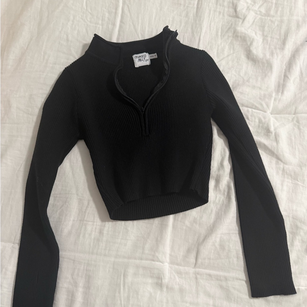 Princess Polly Black Ribbed Half-Zip Cropped Sweatshirt